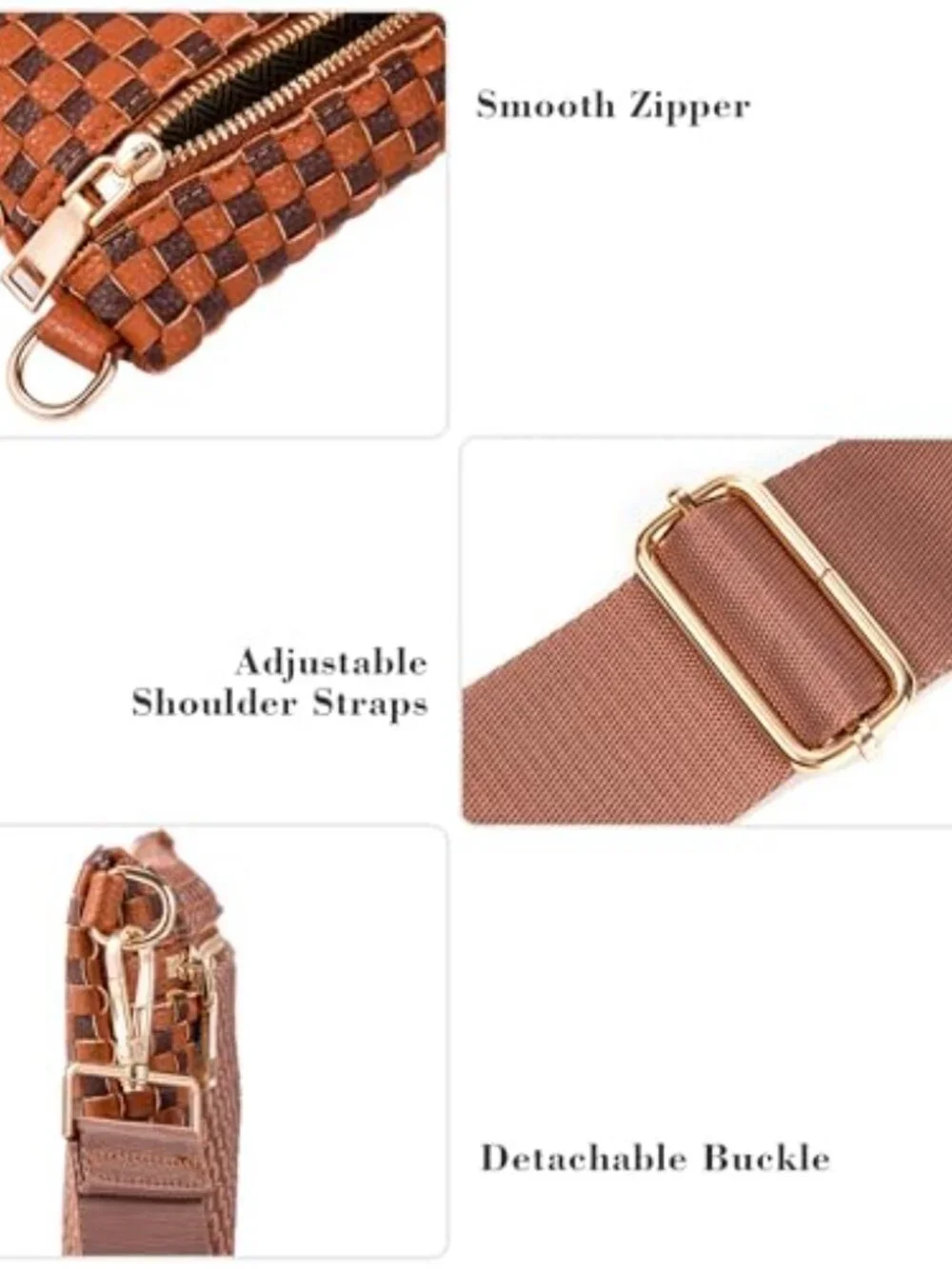 Woven Crossbody Bag, Checkered PU Bum Bag Sling Purse with Adjustable Strap for